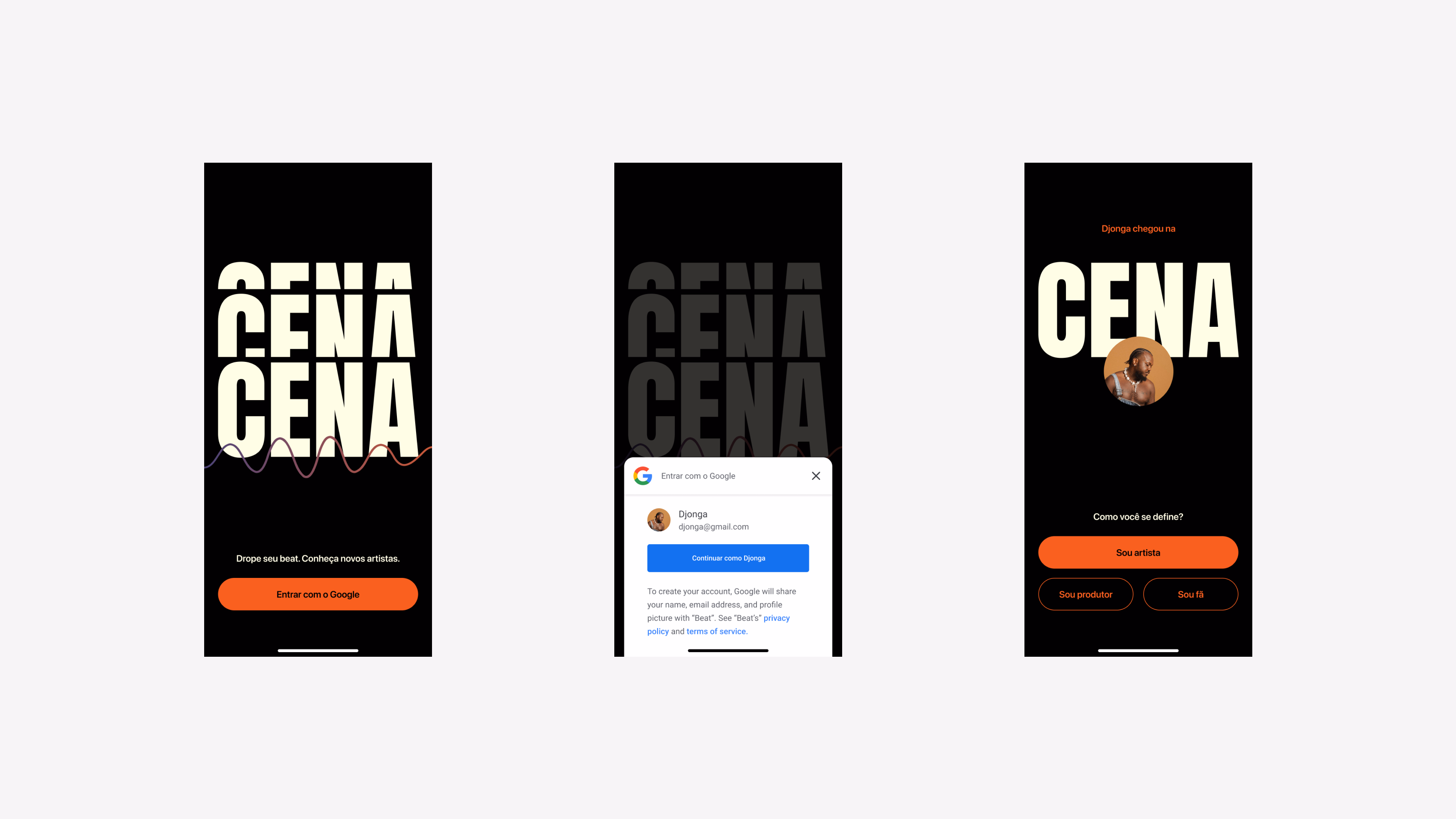 Cena — App screens with feed, beat cards, and navigation